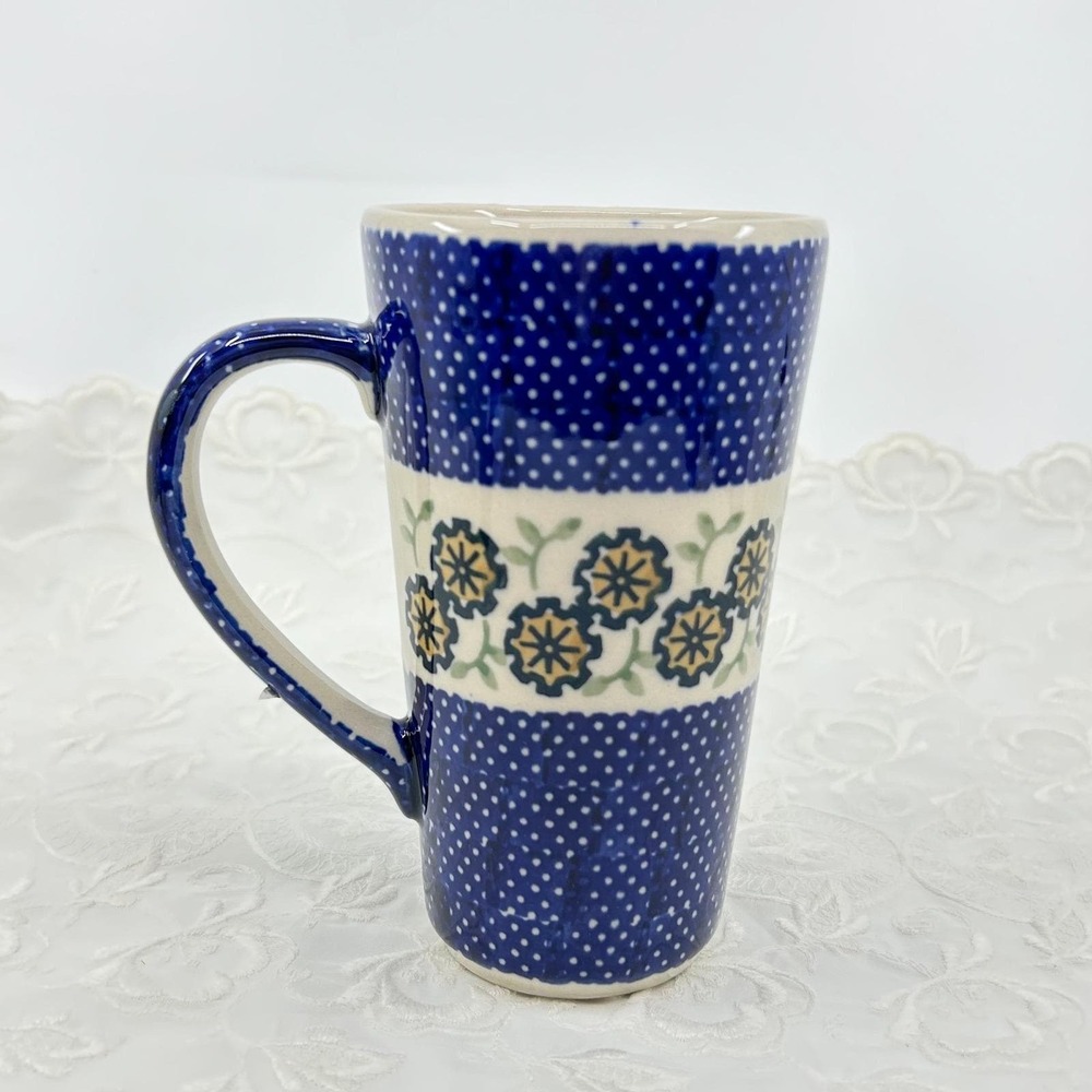 Polish Pottery Bolesławiec Manufaktura Blue White Tall Mug Handmade Ceramic Cup